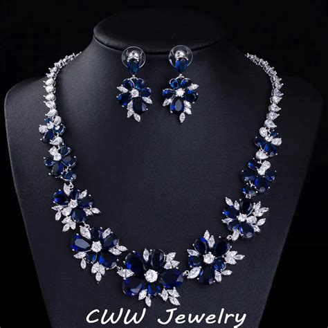 Buy Sapphire Blue Cz Diamond Bridal Jewelry Big Cubic Zirconia Stone Flower