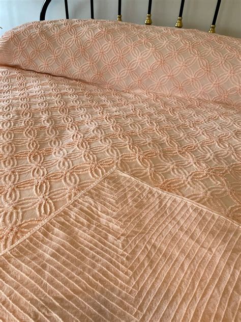 Vintage Chenille Bedspread Perfectly Peach Double Wedding Rings Tightly Tufted With Waterfall