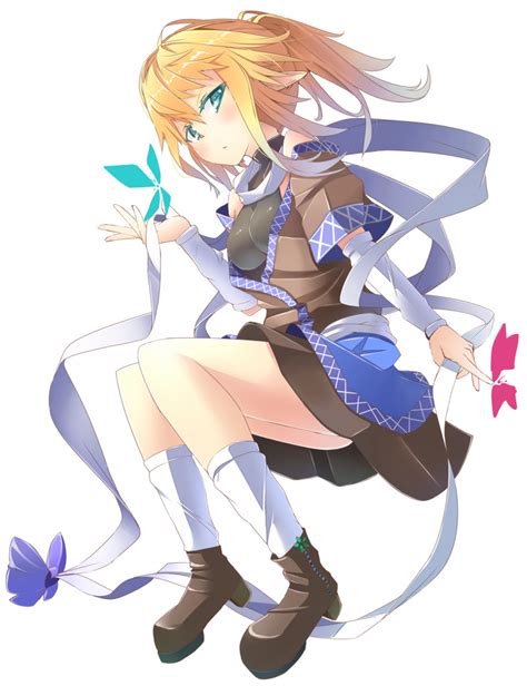 Safebooru Aqua Eyes Bare Shoulders Blonde Hair Boots Bow Breasts Butterfly Detached Sleeves