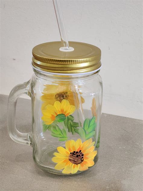 Hand Painted Mason Jar Glass With Sunflowers Etsy