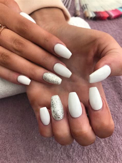 White Coffin Shaped Acrylic Nails With Silver Glitter Accent Nail In