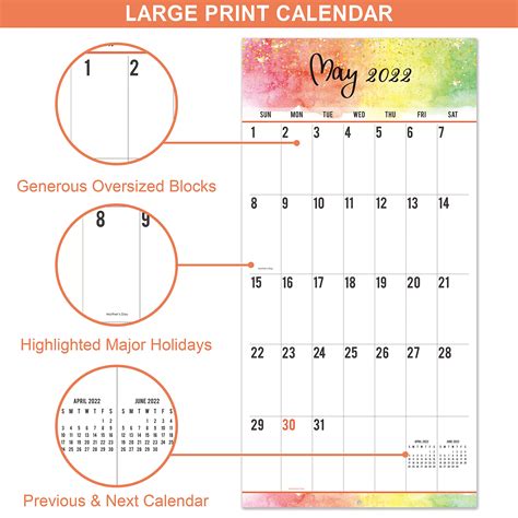 2022 Calendar Monthly Wall Calendar Jan 2022 December 2022 Large Print Big Grid Wall