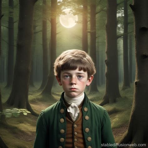 Poor Irish Boy Of 11 Years Old From The 18th Century In A Forest
