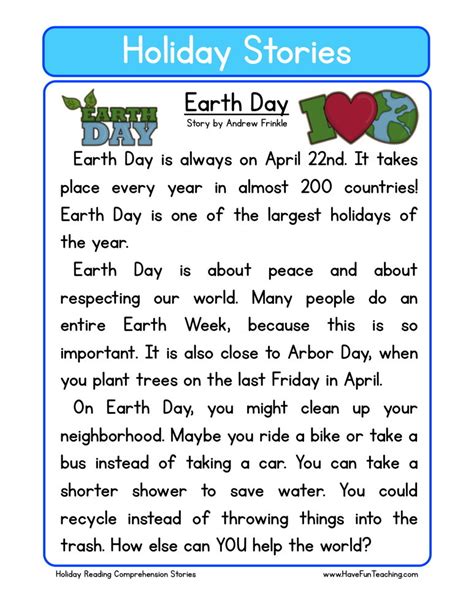 Reading Comprehension Worksheet Earth Day