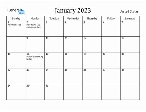 January 2023 Monthly Calendar with United States Holidays