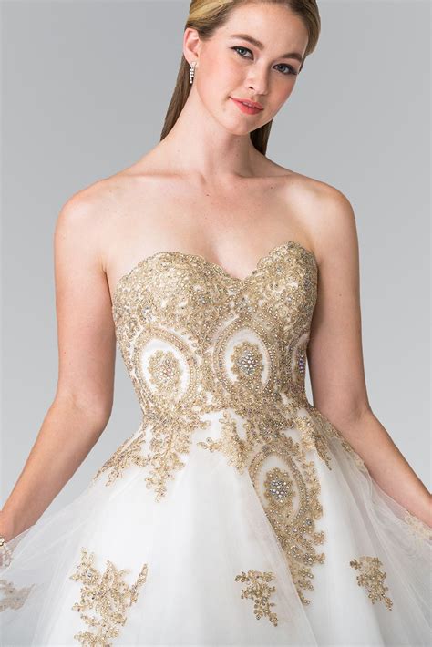 Short Strapless Dress With Gold Lace Applique By Elizabeth K Gs2371