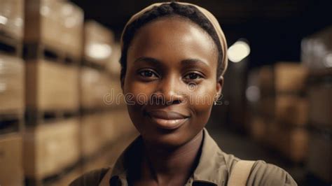 A Smiling African Female Factory Worker Standing In Warehouse Stock