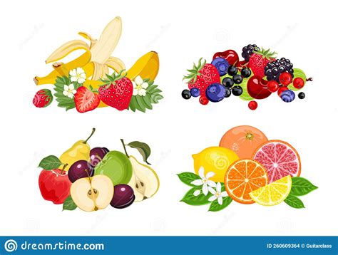 Fruits Berry And Citruses Set Piles Of Fresh Food Vector Cartoon