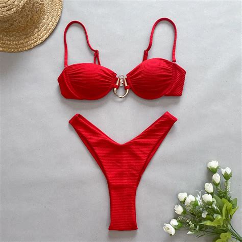 Solid Color High Rise Bikini With Metal Accessories Tight And High