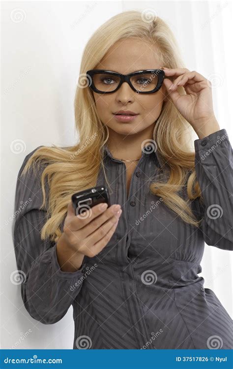 Pretty Blonde In Glasses Using Mobile Stock Photo Image Of Cell Business