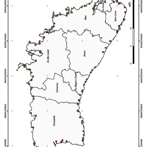 Municipal map of Minorca Island with the points indicating the location... | Download Scientific ...