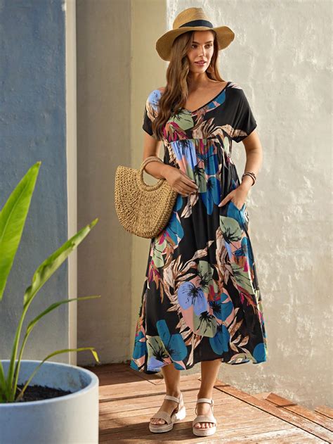 Emery Rose Vestido Smock Con Estampado Tropical Con Bolsillo Oculto De