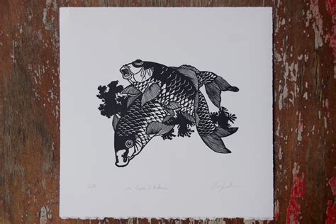 Mr Linocut The Handmade Hokusai Linogravure Carp Japanese Print Koi