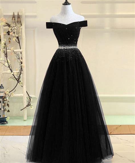 Black Tulle Sequin Long Prom Dress Black Tulle Evening Dress