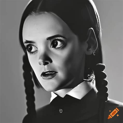 Monochrome Portrait Of Winona Ryder As Wednesday Addams On Craiyon