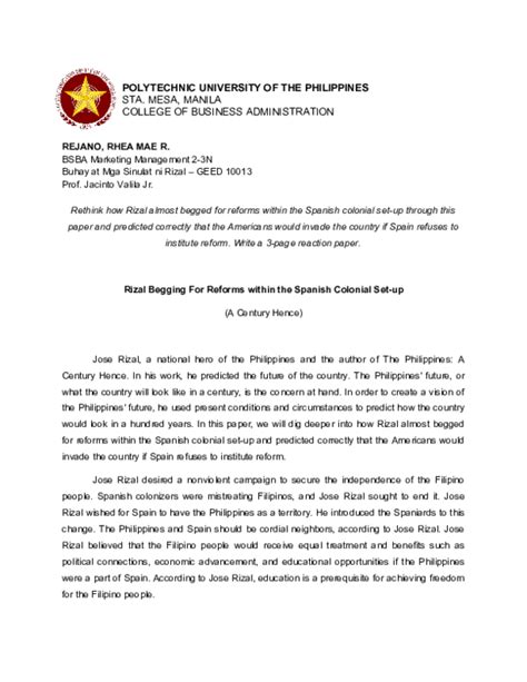 Doc Reflection Paper On The Philippines A Century Hence By Jose