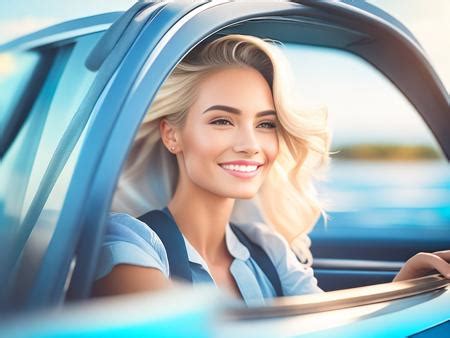 A Woman Sitting In The Drivers Seat Of A Blue Car Image Design ID