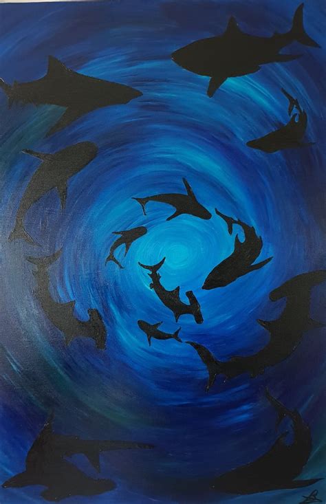 Shadows Of The Deep Acrylic Ocean Painting Of Sharks Etsy Shark