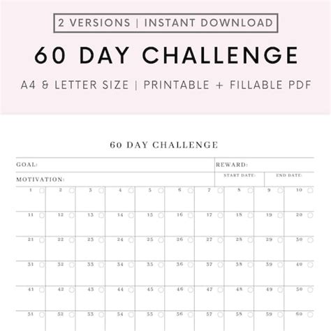 60 Day Challenge Tracker Printable Pdf Habit Tracker Etsy