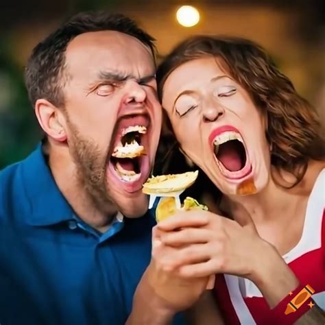 Man And Woman Enjoying Schnitzel And Laughing On Craiyon