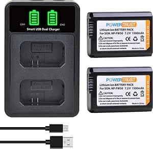 PowerTrust 2Pcs NP FW50 Battery And Charger Compatible With Sony Alpha