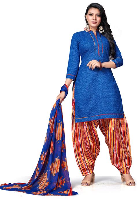 Buy Printed Cotton Punjabi Suit In Royal Blue Online Kye1691 Utsav