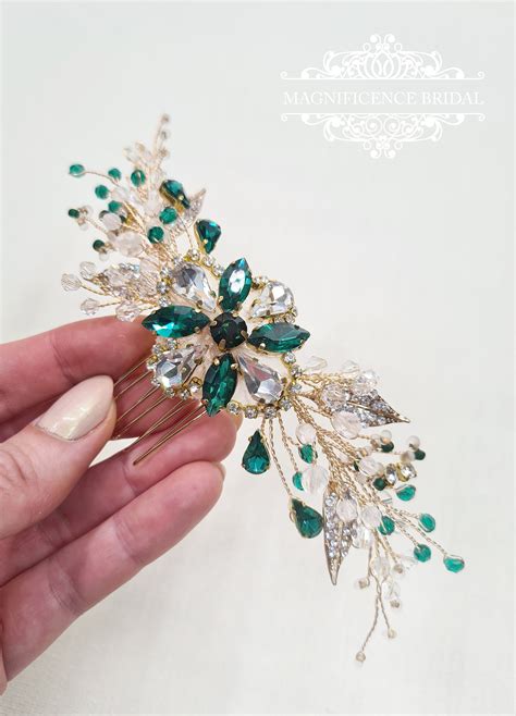 Gold Hair Comb Emerald And Gold Bridal Hair Comb Wedding Hair Comb