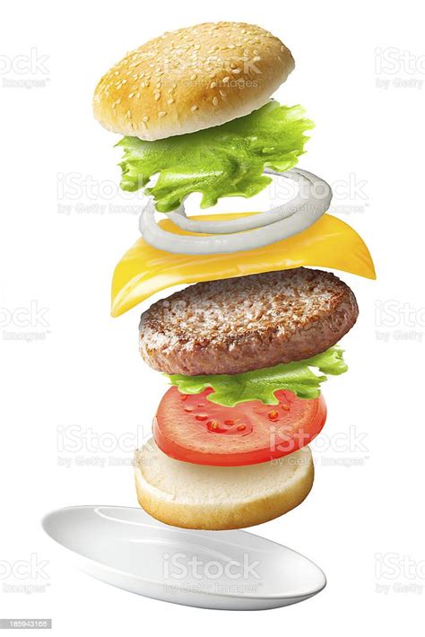 Flying Classic Hamburger On Isolated Background Stock Photo Download