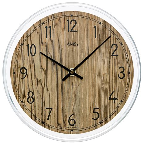 AMS Quarz analog Wanduhr Holz nussbaumfarben rund mit Aluminium ッ