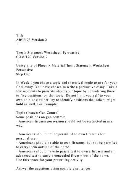 Titleabc123 Version X1thesis Statement Worksheet Perdocx Free Download