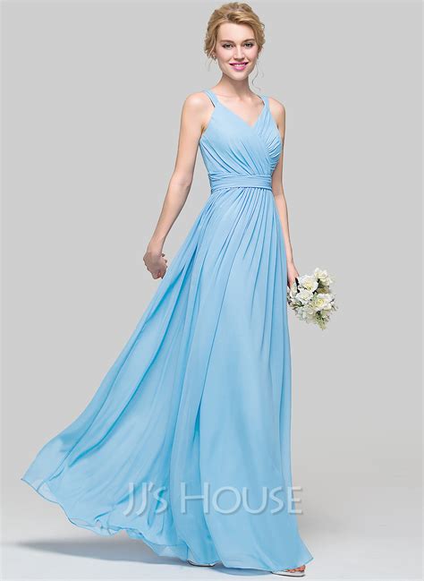 A Line Princess V Neck Floor Length Chiffon Bridesmaid Dress With