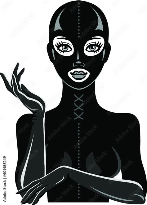 Animation Portrait Of The Beautiful Girl In A Black Latex Suit And Mask