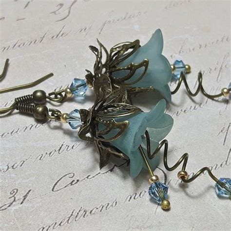 Blue Lucite Flower Earrings Long Stem Flower Earrings Filigree Cone