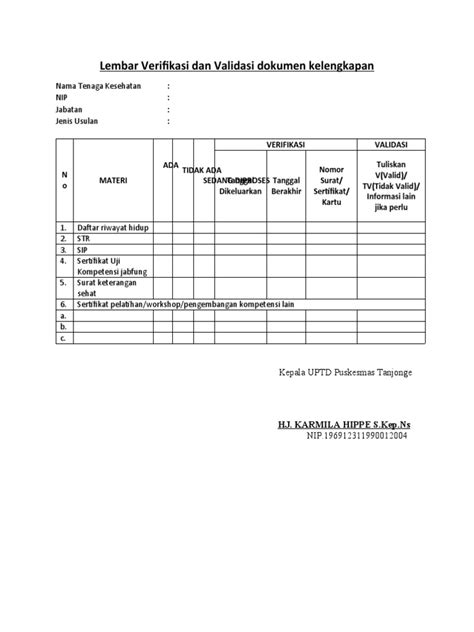 Lembar Verifikasi Dan Validasi Dokumen Kelengkapan Pdf