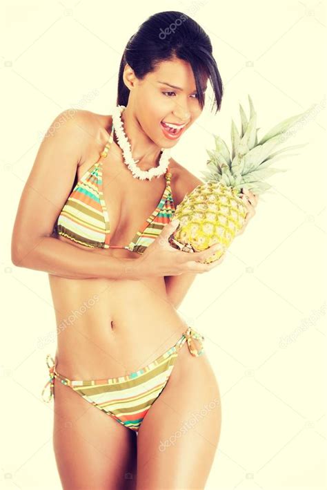 Happy Summer Woman In Bikini With Pineapple Stock Photo Piotr