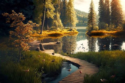 Premium Photo Beaful Landscape With Lake And Duckboards Path In