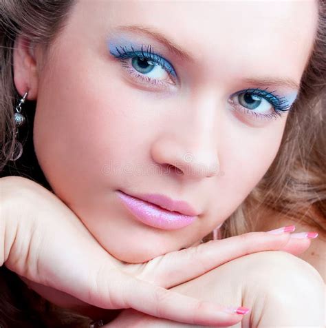 Portrait Of A Sensual Brunette With Blue Eyes Stock Photo Image Of Cosmetics Brunette