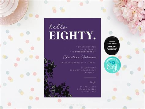 Editable 80th Birthday Invitation Template Hello Eighty Birthday Invite