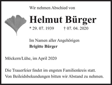 Traueranzeigen von Helmut Bürger abschied nehmen de