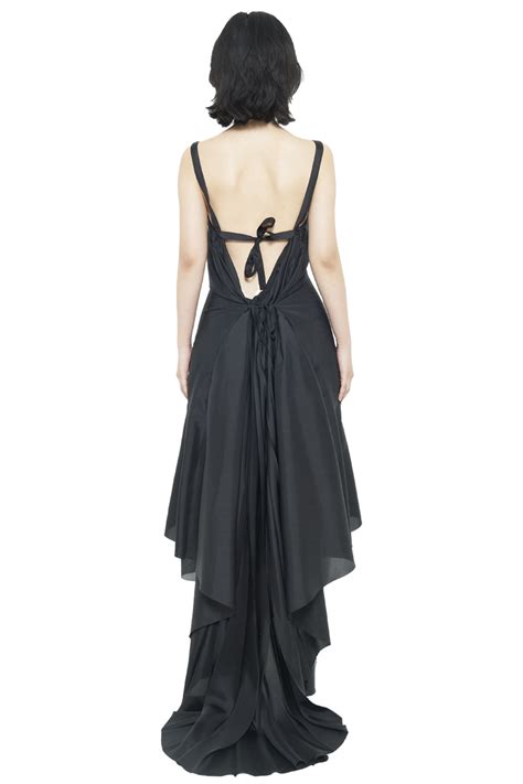SHAN SHAN RUAN SILK PONGE NUDE BACK PLEATED DRESS BLACK L ARMOIRE