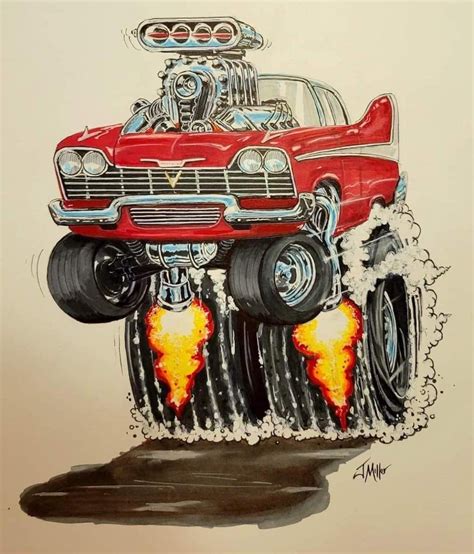 A Drawing Of A Red Car With Flames Coming Out Of It S Engine And Wheels