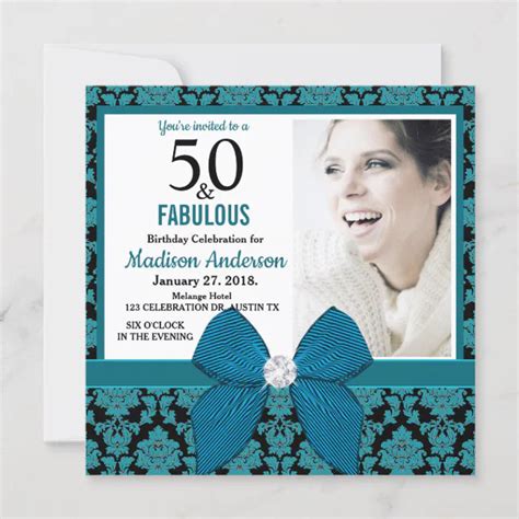 Fifty And Fabulous Teal Black Damask 50th Birthday Invitation Zazzle