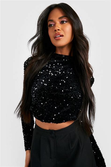 Black High Neck Sequin Crop Boohoo Uk