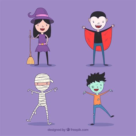 Pack De Cuatro Ni Os De Halloween Dibujados A Mano Vector Gratis