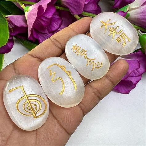 Set Of 4 Usui Reiki Symbol Engraved Selenite Stone Oval Shape Usui