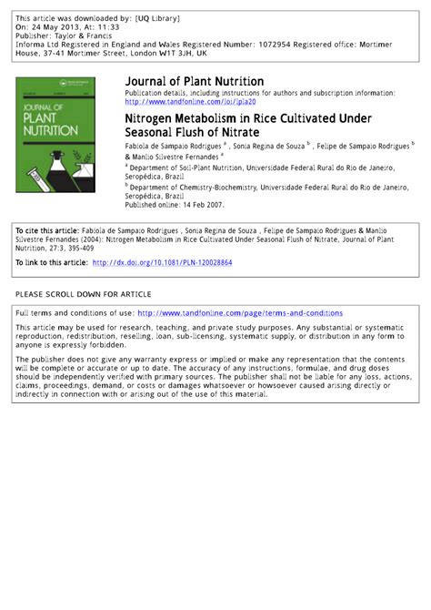 PDF Nitrogen Metabolism In Rice Cultivated Under Seasonal Flush Of