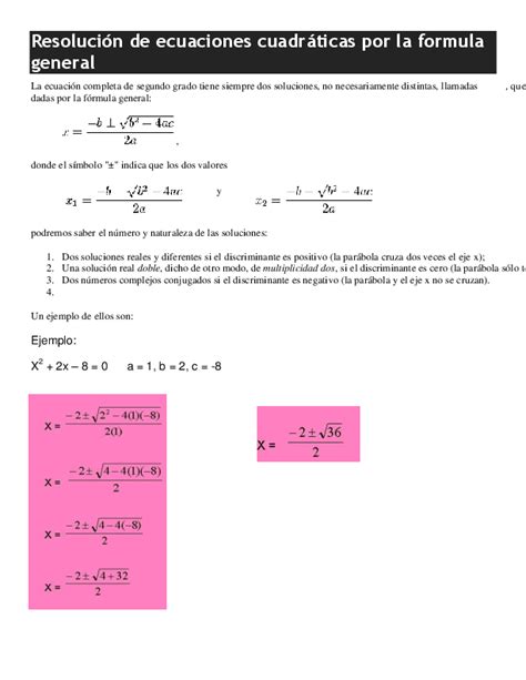 Doc Resolucion De Ecuaciones Cuadraticas Por La Formula General