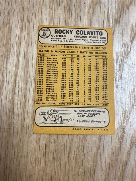 Topps Baseball Rocky Colavito Chicago White Sox Card Ebay