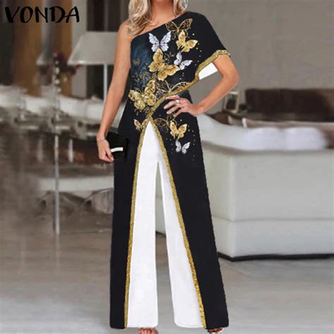 Vonda Sexy Vintage Printed One Shoulder Long Jumpsuits Women Office