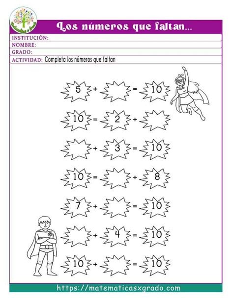 Escribe el número que falta en cada suma para primer grado